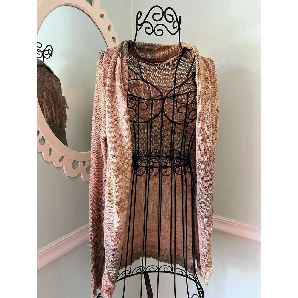 Miss Me Green rust hooded Open Knit‎ cardigan sweater size SMALL S Fringe